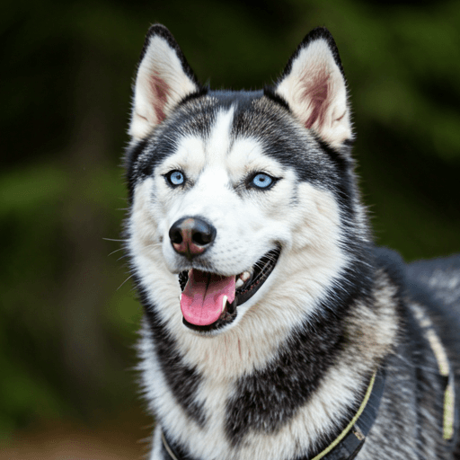 Portrait d'un husky heureux avec un harnais de randonnee